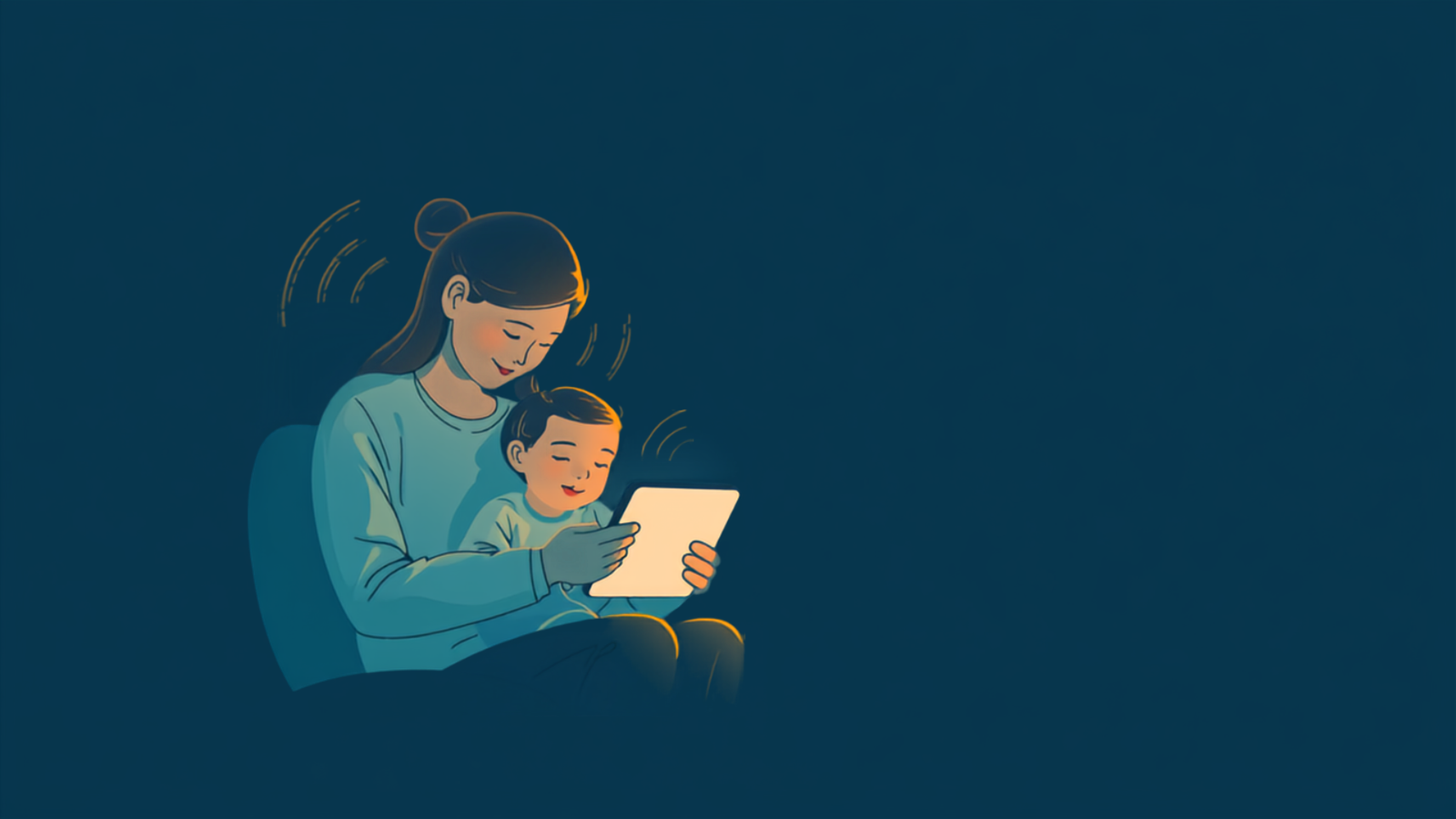 Illustration of a parent and child looking at a tablet together, representing caring digital safety guidance